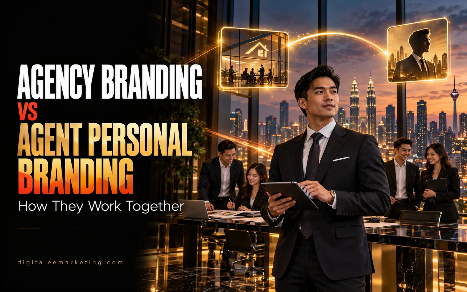 Real estate agency team and individual agent illustrating connected agency and personal branding