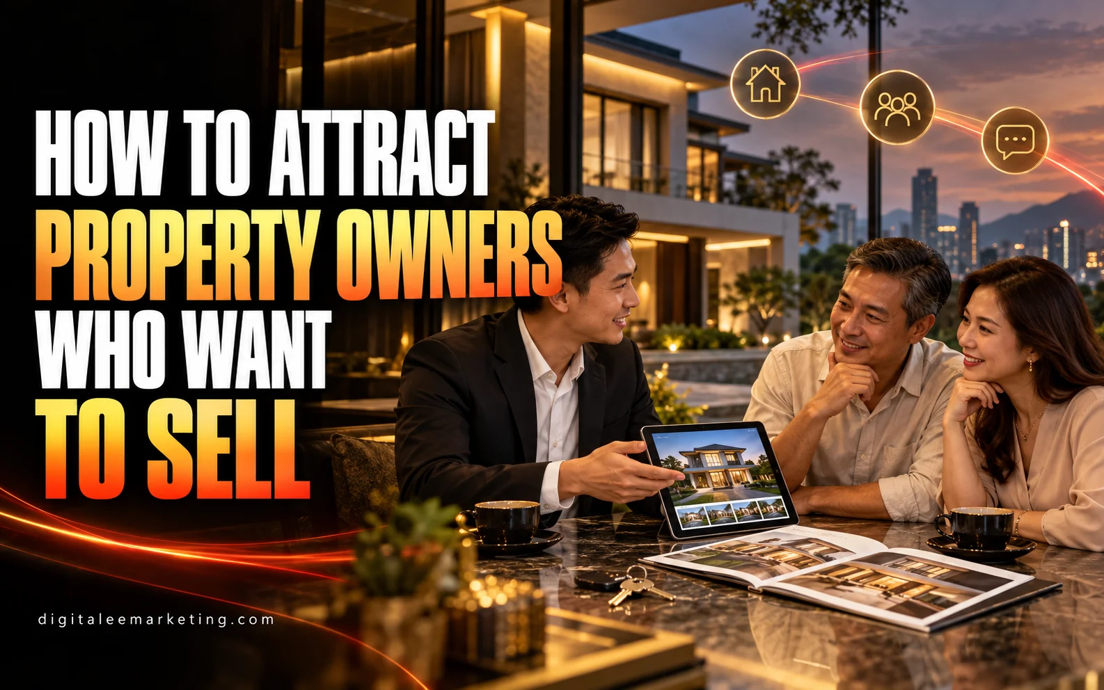 Real estate agent discussing property marketing with homeowners considering a sale