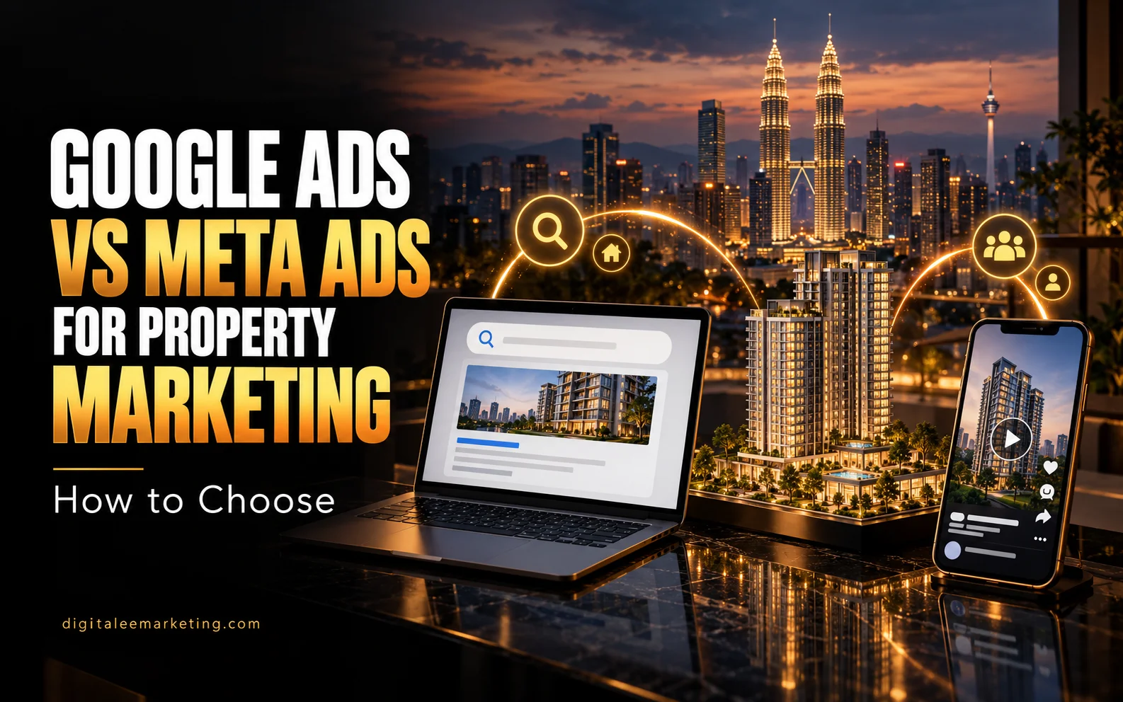 Google Ads and Meta Ads comparison for property marketing with search and social video examples