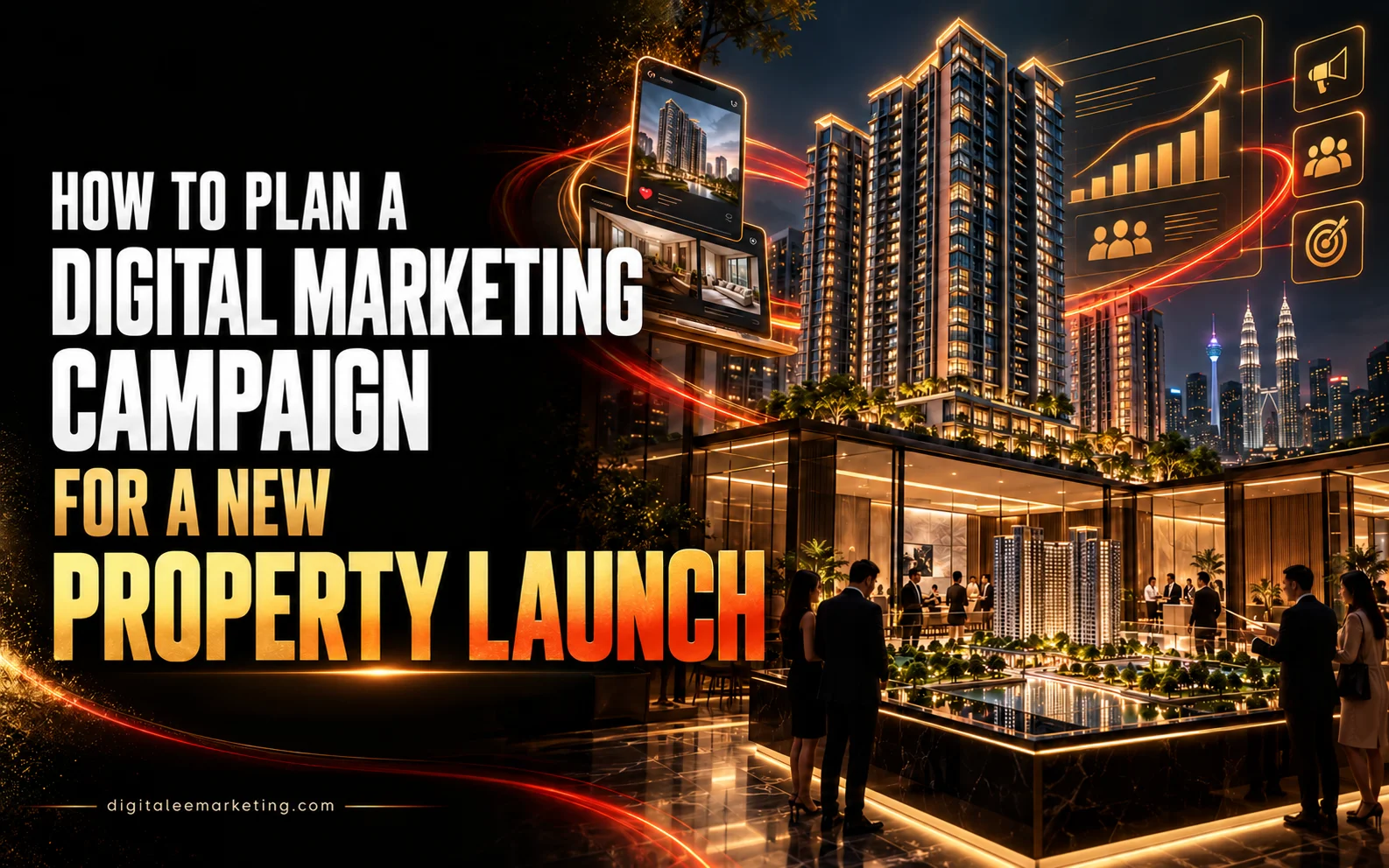 Digital marketing campaign planning for a new property launch, with development visuals and campaign charts