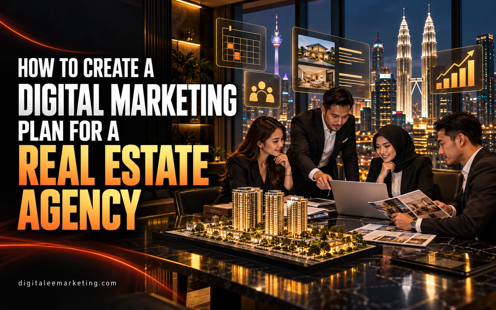 Real estate agency team planning digital marketing with property models and Kuala Lumpur skyline