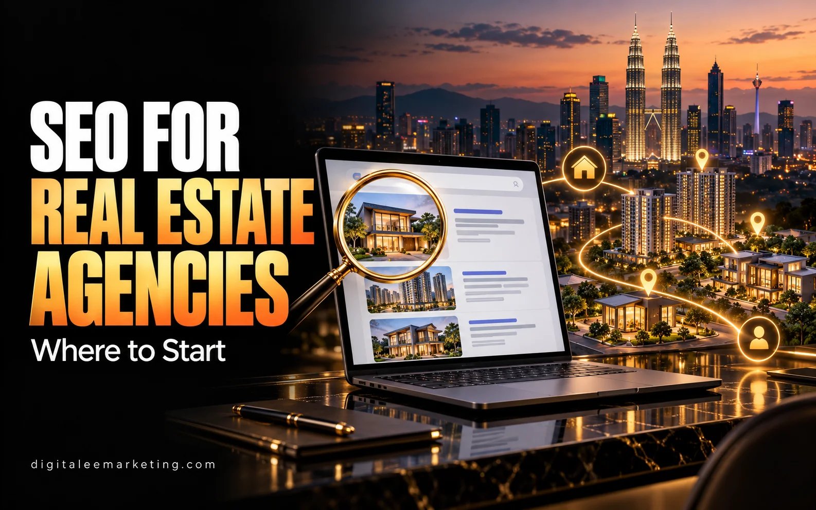 SEO for real estate agencies with property search results, a magnifying glass and Kuala Lumpur skyline