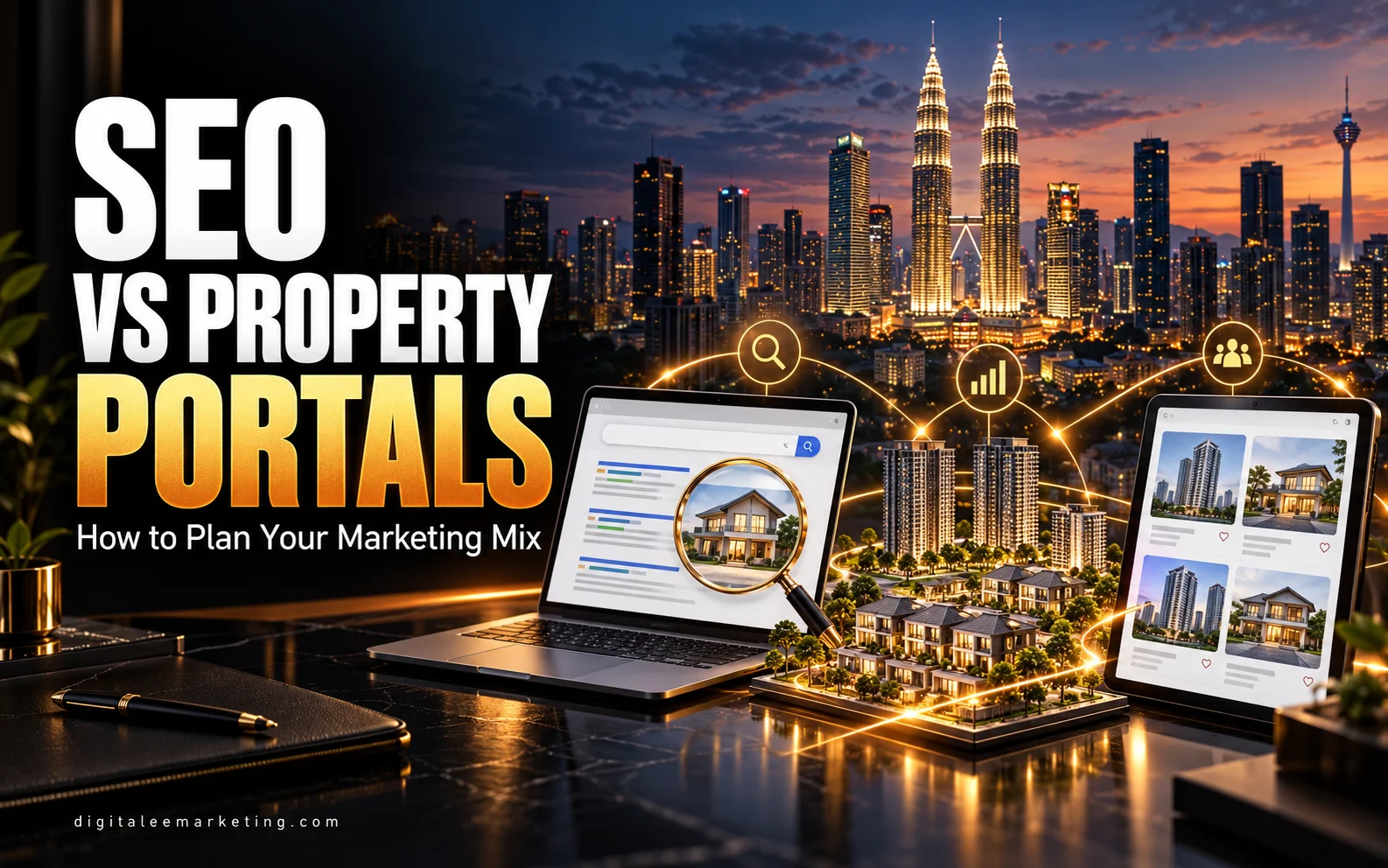 SEO and property portal marketing comparison with search results, property listings and Kuala Lumpur skyline